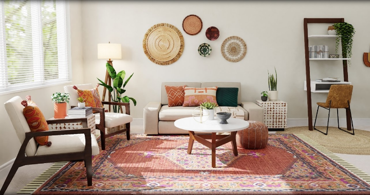 Storage baskets in natural materials, neatly grouped