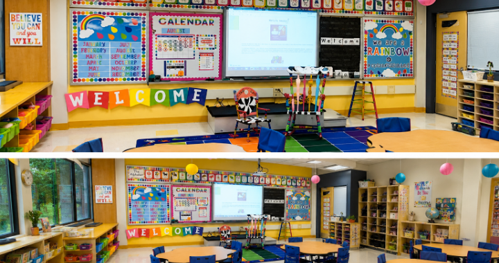A busy, cluttered traditional classroom
