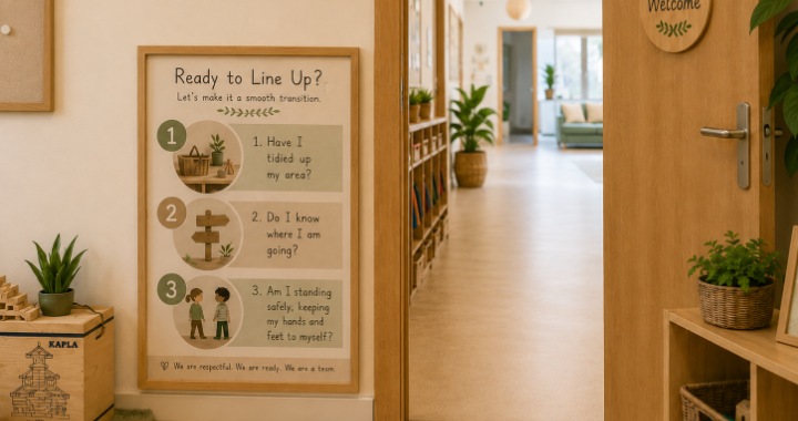 A visual routine display prompting children to get ready to line up