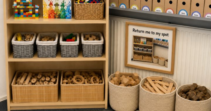 Organised, symmetrical storage with a photograph of the arrangement placed beside it as a reminder of where each item belongs