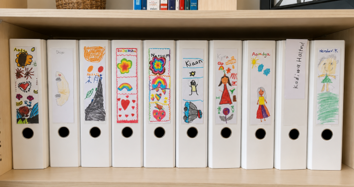 Student-designed name tags and portfolios