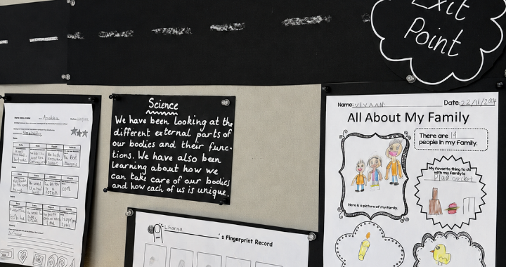 Students' learning journey documented on the wall